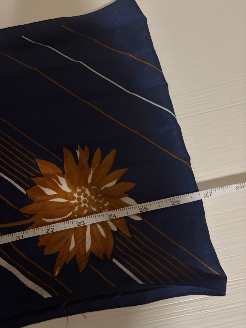 💙🌻Vintage Parisian Silk Scarf Navy Floral Gold Sunflower Accent 10x52 inches 🌻💙